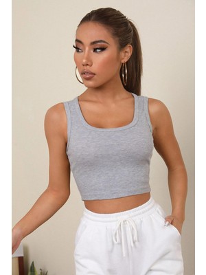 Kadın Gri Kare Yaka Crop Top Bluz