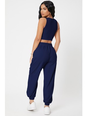 ALFA AKSESUAR 03 Kadın Lacivert Kaşkorse Cepli Jogger Eşofman Altı ve Crop Top Bluz