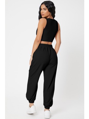 ALFA AKSESUAR 03 Kadın Siyah Kaşkorse Cepli Jogger Eşofman Altı ve Crop Top Bluz