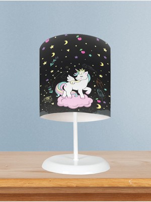 Bebek ve Çocuk Odası Pembe Bulut Üzerinde Unicorn Desenli Siyah Abajur