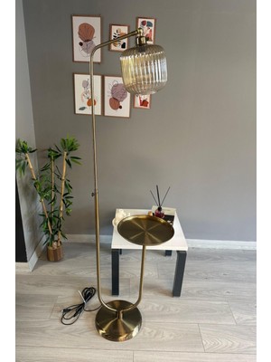 Bal Rengi Cam Lambader Düz Gövde U Tepsi Hareketli Başlık Dekoratif Metal Oturma Odası Zemin Lambas