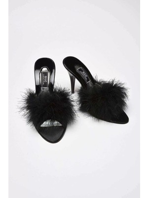 Gc Tüylü Topuklu Siyah Kadın Terlik GC225