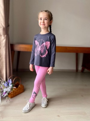 Kelebek Baskılı Kız Çocuk Tayt Takımı