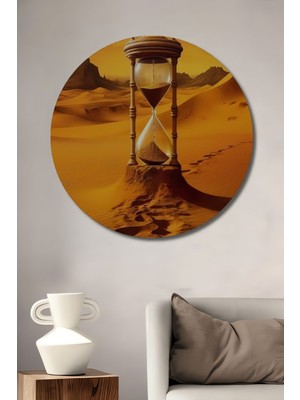 Çöl Kumları Üzerinde Kum Saati Dekoratif Ahşap Mdf Yuvarlak Ev,işyeri Duvar Tablo
