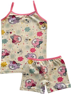 Kız Çocuk %100 Pamuklu Bej Ayıcık Desenli Atlet Boxer Takımı