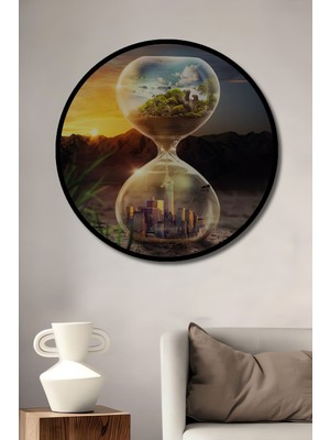 Dekoratif Soyut Sanat Doğadan Şehre Kum Saati Duvar Tablo Ahşap Yuvarlak Tablo