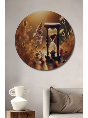 Altın Işıklar Içinde Kum Saati ve Çiçekler Yağlı Boya Görünümlü Ahşap Dekoratif Yuvarlak Tablo