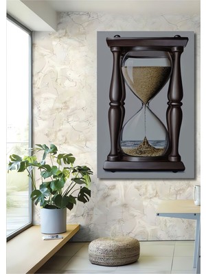 Dekoratif Dikey Kum Saati ve Kumdan Kale Duvar Tablo Ahşap Dikdörtgen Tablo