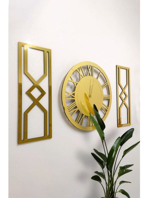 Wooden Factory 3'lü Kum Saati Dekoratif Duvar Saati Tablo Saat (Altın)