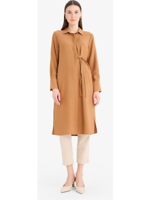 DeFacto Regular Fit Gömlek Yaka Büzgülü Uzun Kollu Diz Altı Tesettür Tunik D9862AX25SM