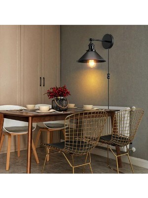 Vintage,retro Rustik Siyah Metal 1 x E27 Hareketli Başlık Fişli,kablolu Aplik ÇAP:23 cm