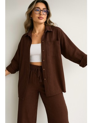 Kahverengi Keten Gömlek Alt Üst Takım