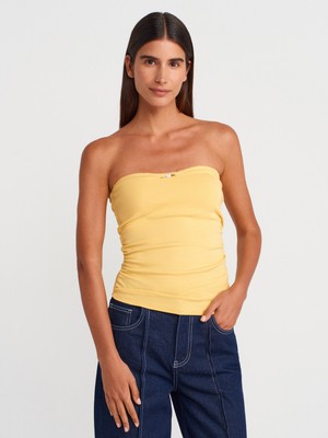 31557 Gül Detaylı Straplez Top-Sarı