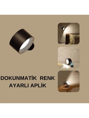 Şarjlı 360° Hareketli Kumandalı ve Dokunmatik 3 Modlu Sarı-Beyaz Işık Aplik Duvar Aydınlatma Lambas