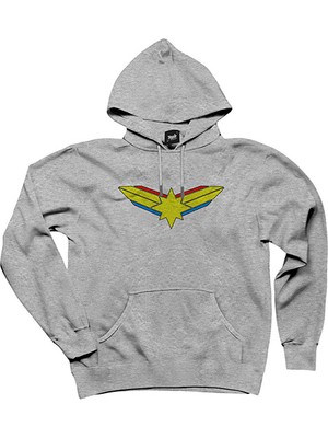 Captain Marvel Logo Gri Kapşonlu Sweatshirt Hoodie