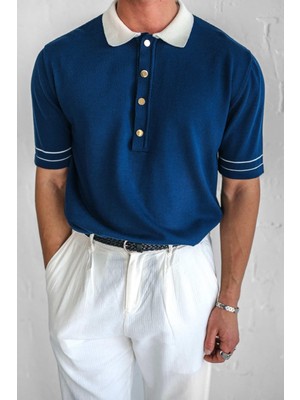 Erkek Kontrast Polo Yaka Premium Regular Fit T-Shirt Lacivert