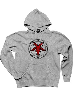 Pentagram Goat Head Gri Kapşonlu Sweatshirt Hoodie