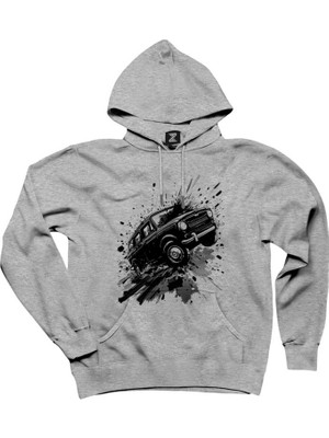 Cartoonish Travelling Black Car Gri Kapşonlu Sweatshirt Hoodie