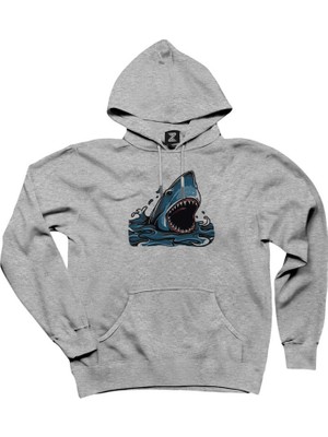 Shark Cartoon Gri Kapşonlu Sweatshirt Hoodie