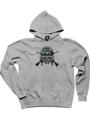 Military Style Skull Logo Gri Kapşonlu Sweatshirt Hoodie