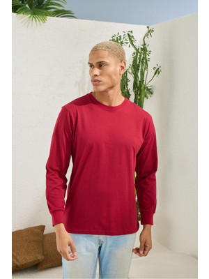 Erkek Regular Fit Uzun Kol Bordo T-Shirt C3T1N5