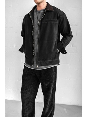 Erkek Kontrast Yakalı Regular Fit Denim Ceket Siyah
