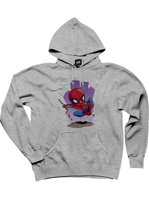 Spiderman Cartoon Gri Kapşonlu Sweatshirt Hoodie