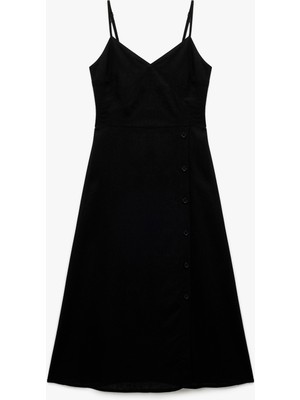 Koton Ince Askılı Düğmeli Keten ve Viskon Karışımlı Midi Elbise