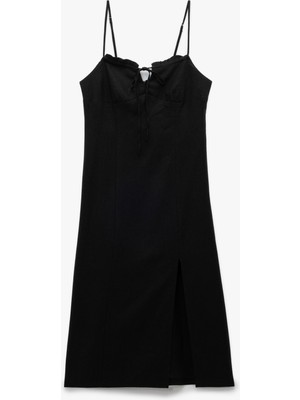 Koton Fırfırlı Yırtmaç Detaylı Volümlü Slim Fit Keten Viskon Karışımlı Askılı Midi Elbise