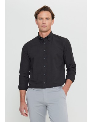 Altınyıldız Classics Erkek Siyah Slim Fit Dar Kesim Düğmeli Yaka Pamuklu Oxford Gömlek