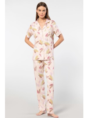 Türen Yaprak Desenli Kısa Kollu Gömlek Yaka Pijama Takımı 3355/PUDRA