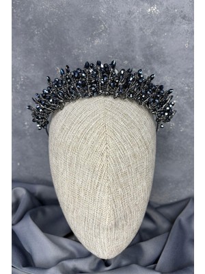 Lacivert  Kristal Boncuk Işlemeli Buğlem Gelin Tacı
