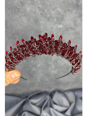 Bordo Kristal Boncuk Işlemeli Buğlem Gelin Tacı