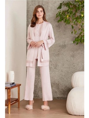 Pierre Cardin 2800 Kadın Pudra Dantelli Penye 3'lü Sabahlıklı Pijama Takım