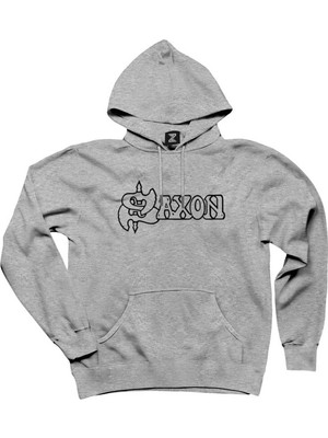 Saxon Logo Text Gri Kapşonlu Sweatshirt Hoodie