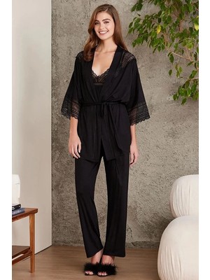 Pierre Cardin 2820 Kadın Siyah Dantelli Penye 3'lü Sabahlıklı Pijama Takım