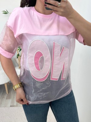 Pembe Organze Tül Detaylı Tişört