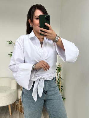 Beyaz Önü Bağlama Detaylı Gömlek