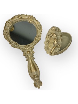 Dekoratif Polyester Takı Setli Makyaj El Aynası Krem Eskitme