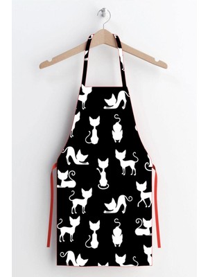 Siyah Kedi Desen Leke Tutmaz Kumaş Mutfak Önlüğü