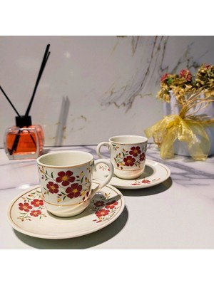 Dm Porselen Kadife Kutulu Kırmızı Gonca 2'li Kahve Fincan Takımı