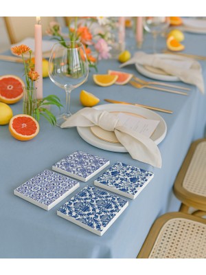 Mavi Çini Porselen Desenli Doğal Taş Bardak Altlığı 4’lü Set, Sunumluk Masa Dekoru