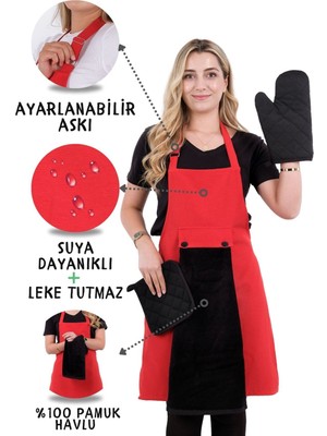 Star Ayar Askılı Havlulu 4lü Mutfak Önlüğü Seti (Eldiven Tutacak)