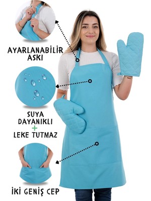 Simple 3'lü Set Ayar Askılı Cepli Mutfak Önlüğü Seti (2 Eldiven) Şef Garson Kafe Aşçı Barista