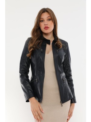Basics&more Kadın Fermuar Detaylı Koyu Mavi Deri Ceket - B16