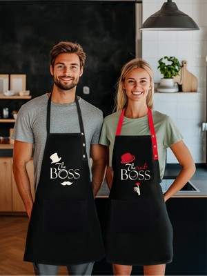 Mutfak Önlüğü Seti 2'li Siyah Leke Tutmaz Su Itici Kumaş Solmaz Baskı Boss Real Boss Önlük