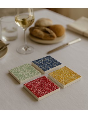 Renkli Çiçek Desenli Doğal Taş Bardak Altlığı 4’lü Set, Masa Sunum Ürünü