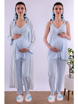 Effortt Lacivert Sabahlıklı Hamile Lohusa Pijama Takımı BYL290342