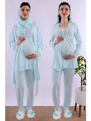 Effortt Gri Tesettürlü Sabahlıklı Hamile Lohusa Pijama Takımı BYL2T24012