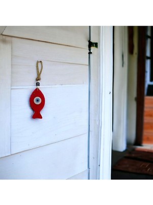 Balık Şekilli Nazar Boncuklu Kırmızı Cam Duvar Süsü